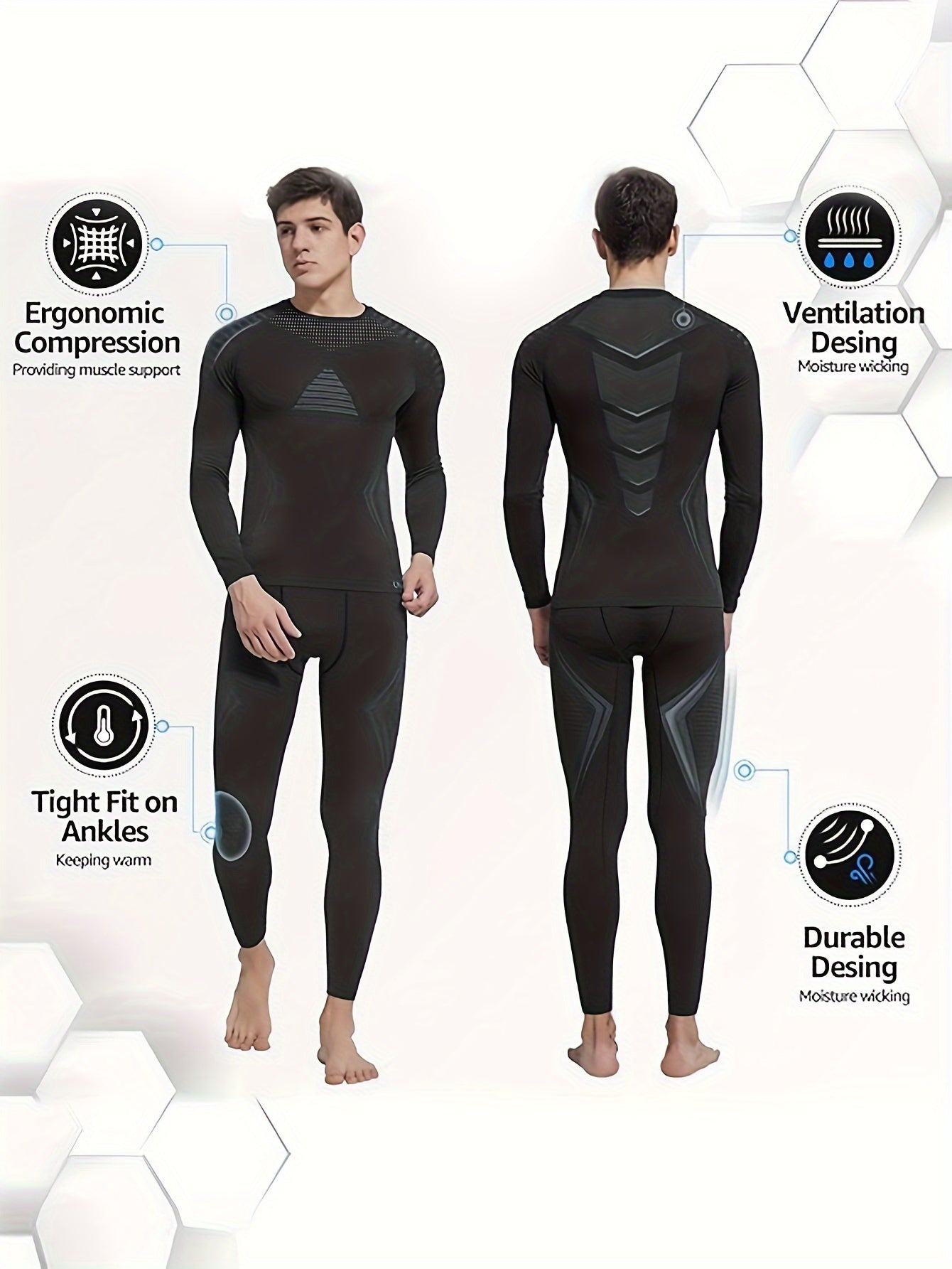 Men's Thermal Compression Set for Fall & Winter - Plush-Lined Top & Leggings, Ideal for Outdoor Activities, Machine Washable.