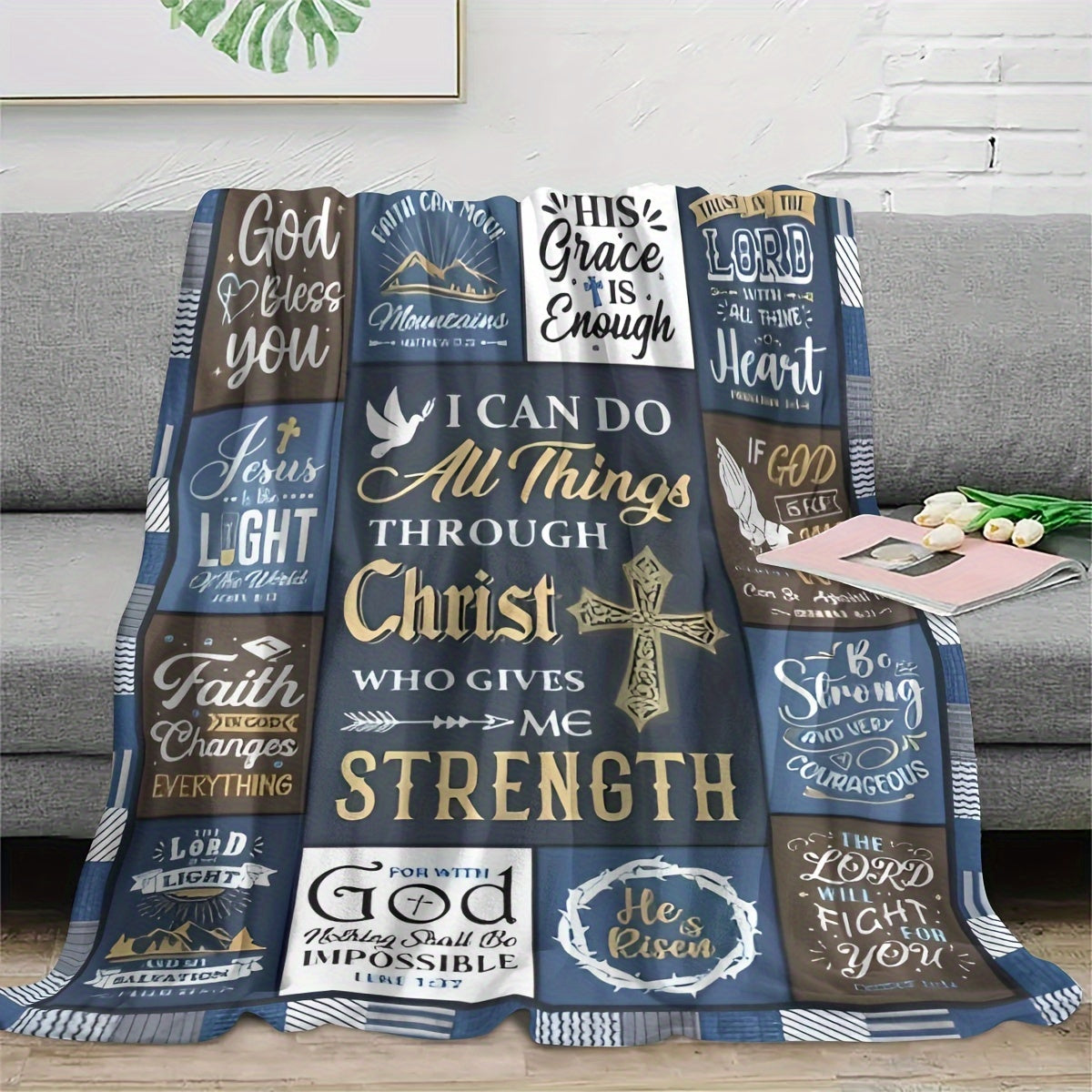 One piece of Christian Inspirational Quotes Flannel Fleece Throw Blanket featuring Religious Scripture Verses. This tear-resistant blanket is perfect for all seasons and has a digital print design. Made of polyester in a contemporary style, it is a great