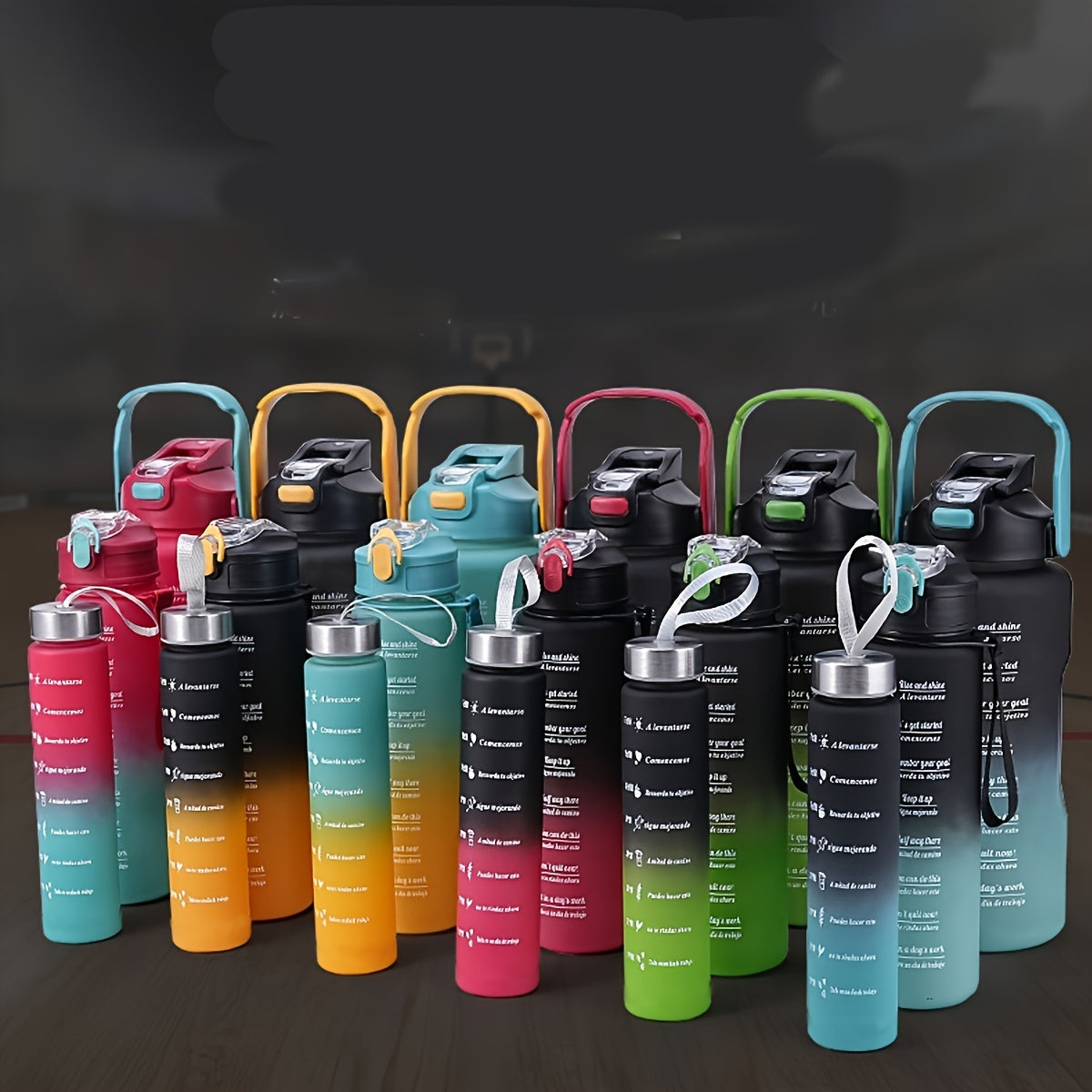 Motivational water bottle set for outdoor activities and fitness; ideal for camping, hiking, and birthday gifts.