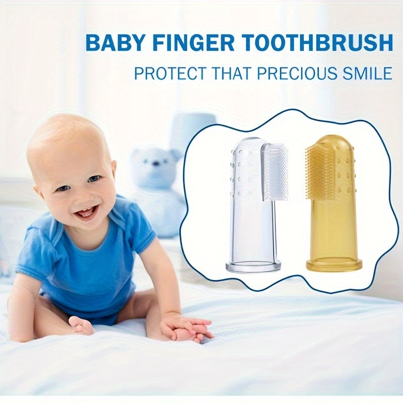 Soft, portable liquid silicone baby finger toothbrush in blue, transparent, or pink. Ideal for gentle oral cleaning for teething babies, training kids, infants, toddlers, and pet care.