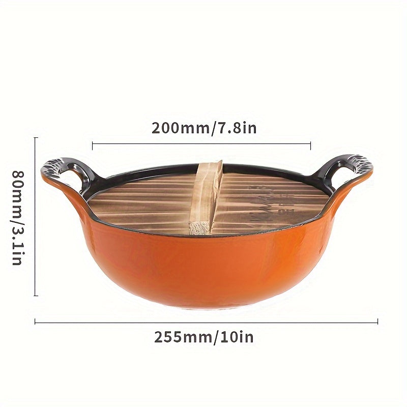 Large 47oz Enamel Cast Iron Dutch Oven with Wooden Lid - Non-Stick Coating, Great for Cooking, Baking & Storing - Perfect Present