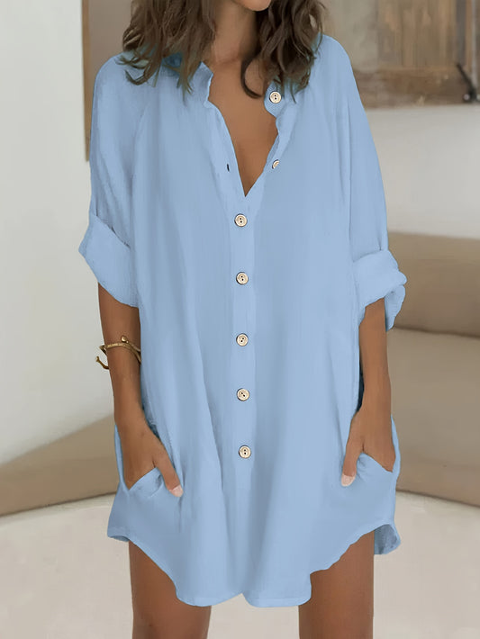 Women's Plus Size Casual Button-Up Shirt in Light Blue with Short Sleeves and Front Pocket, Ideal for Spring/Summer/Fall, Relaxed Fit, Non-Stretch Fabric.