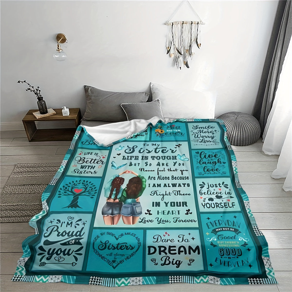 Flannel Fleece Sisters Gift Throw Blanket, suitable for all seasons with a contemporary style and vibrant digital print. Made with a cozy polyester cover, perfect for use on beds, sofas, or chairs. Lightweight with a fabric weight of 200-250g, this