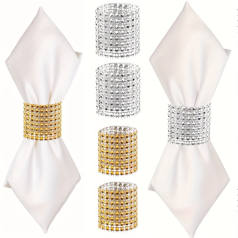 Set of 12 elegant rhinestone napkin buckles in gold for table décor, weddings, parties, and Christmas.