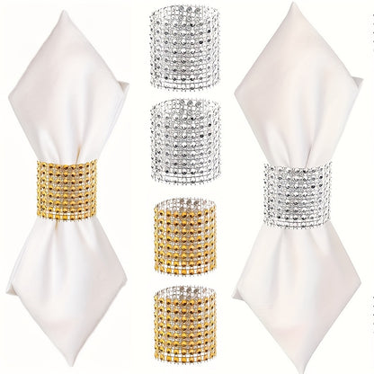 Set of 12 elegant rhinestone napkin buckles in gold for table décor, weddings, parties, and Christmas.