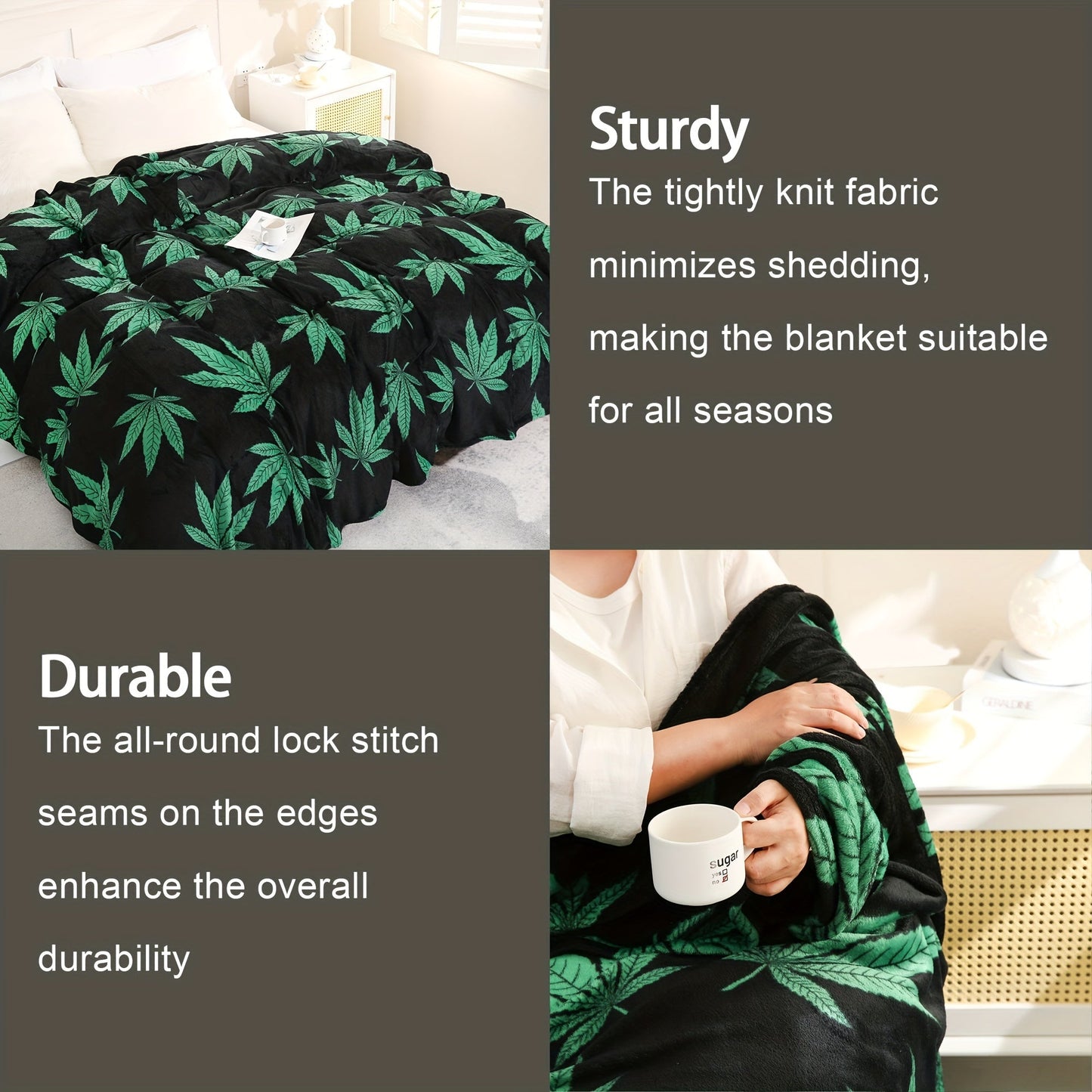 Country-rustic style flannel blanket featuring a marijuana leaf print. This soft and warm knitted throw is perfect for couches, sofas, offices, beds, camping, and travel. Made of 100% polyester, it is machine washable and suitable for all seasons.