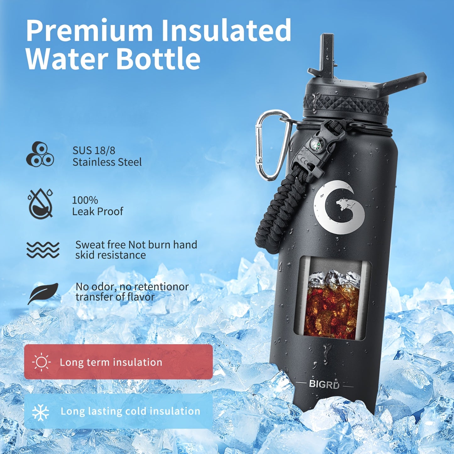 1pc BIGRD insulated water bottle with paracord handle and straw spout lid, available in 40oz/1183ml and 64oz/1893ml sizes, triple vacuum stainless steel keeps drinks cold for 48 hours.