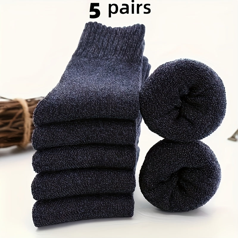 5 pairs of men's thick wool blend mid-calf winter socks in solid colors, soft and warm for casual or cold weather. Gift-ready packaging, quality fabric.