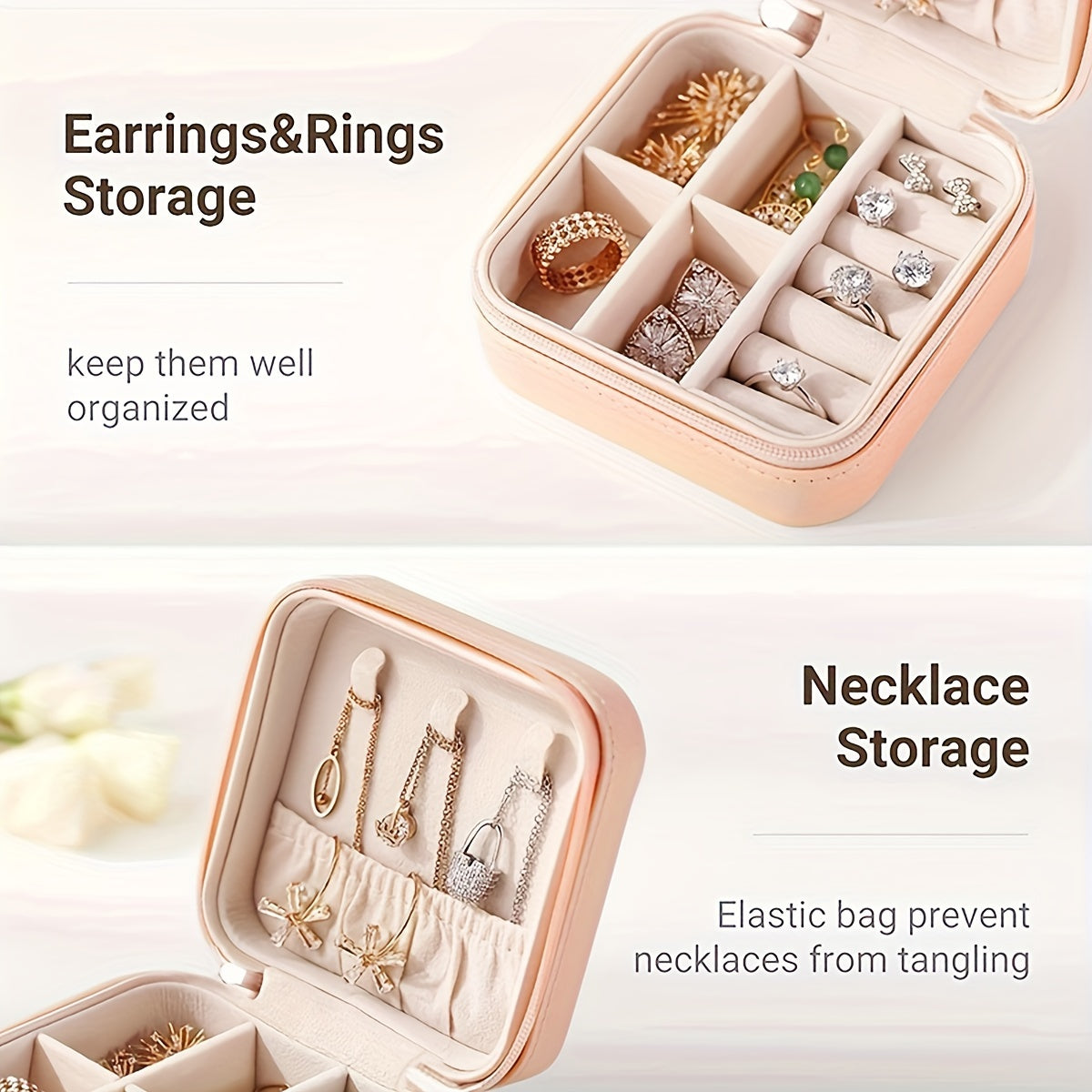 Travel-friendly jewelry organizer for rings, necklaces, and earrings.