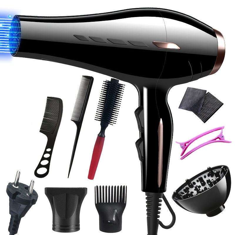 Powerful 2100W hair dryer with strong wind, European plug, long cord, plastic body, diffuser, brush motor, ideal for home styling.