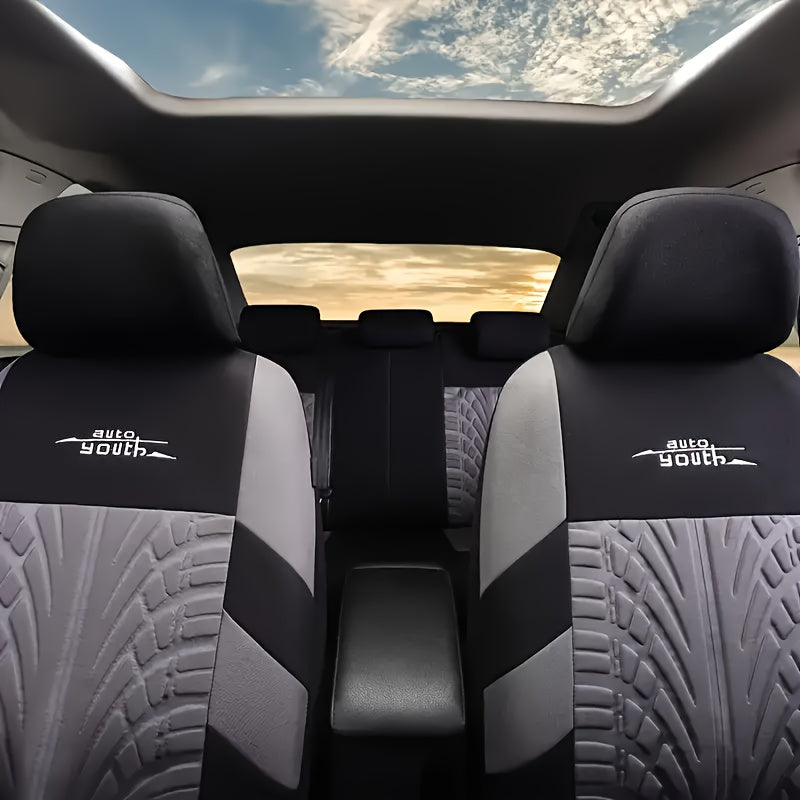 Durable 5-seat car & SUV seat covers made from breathable polyester with tire tread design for easy care.