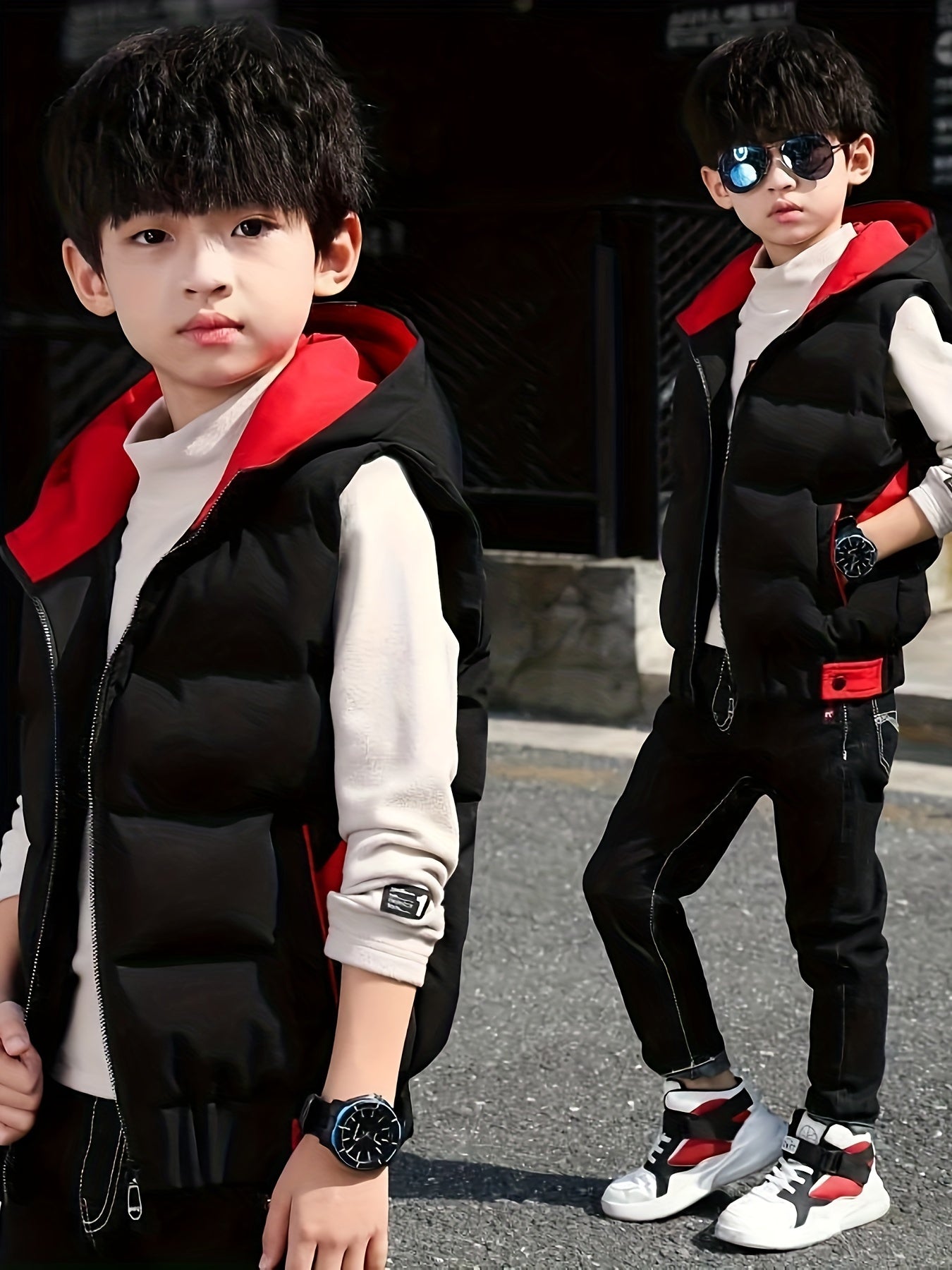 Boys' stylish hooded vest for fall/winter, featuring thick polyester material, zip-up closure, and color block design.