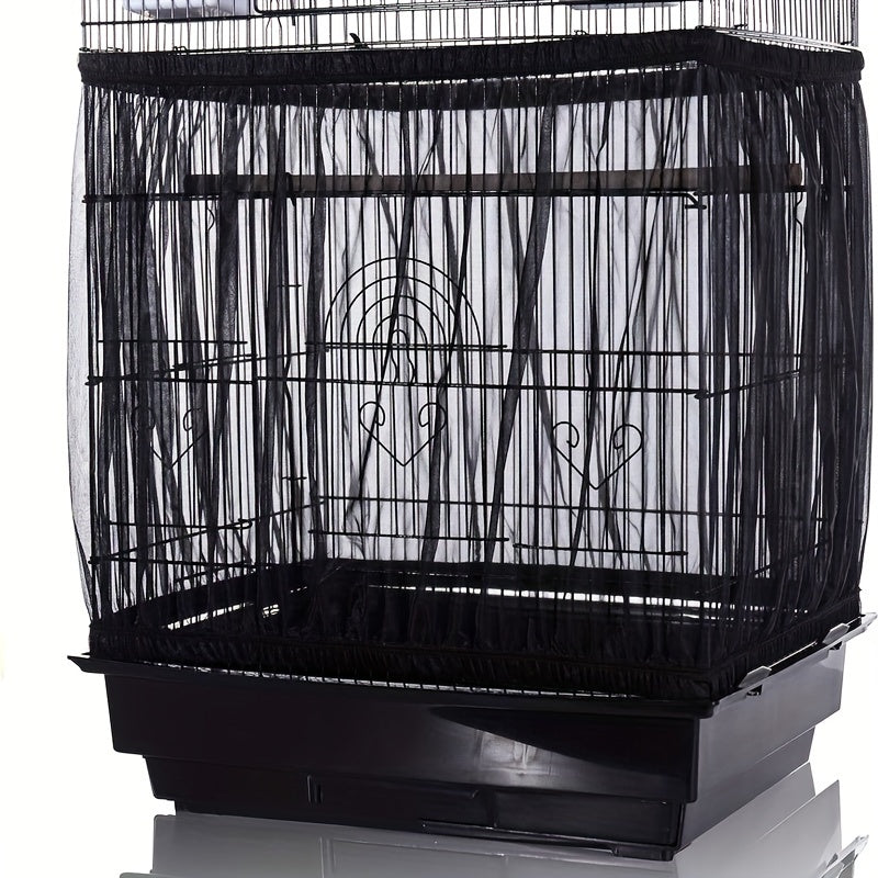 Stretchable bird cage seed catcher prevents mess and scatter in parrot enclosures.