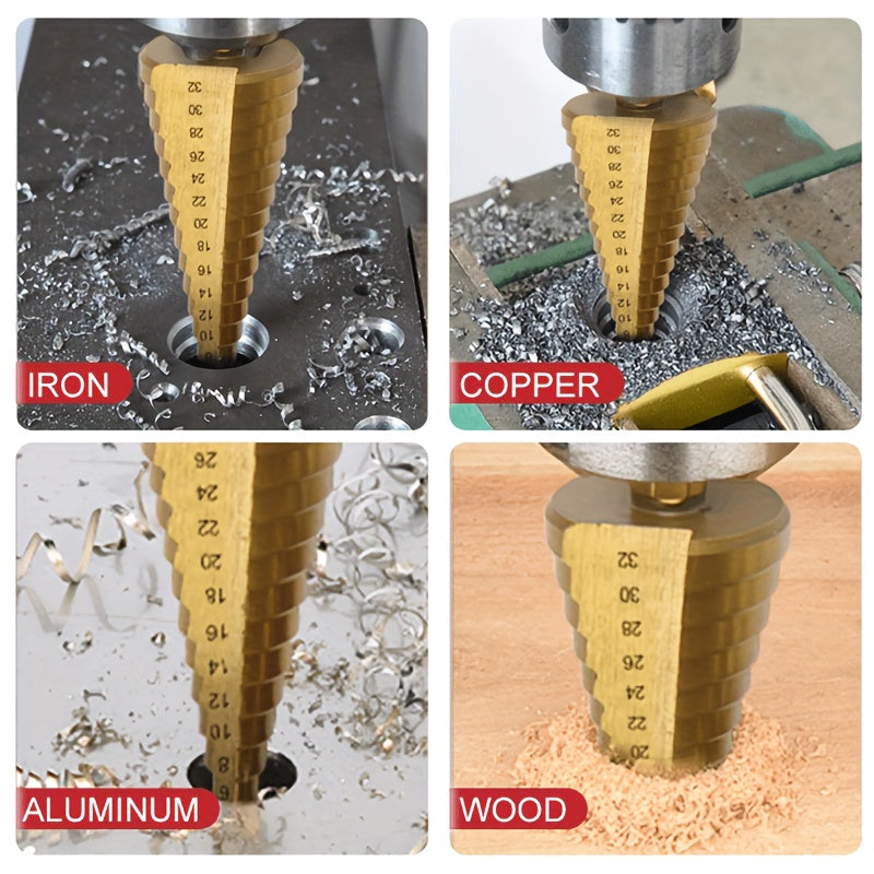 6pc Titanium Step Drill Bit Set, sizes 4-12mm, 4-20mm, and 4-32mm, for woodworking and metal drilling.