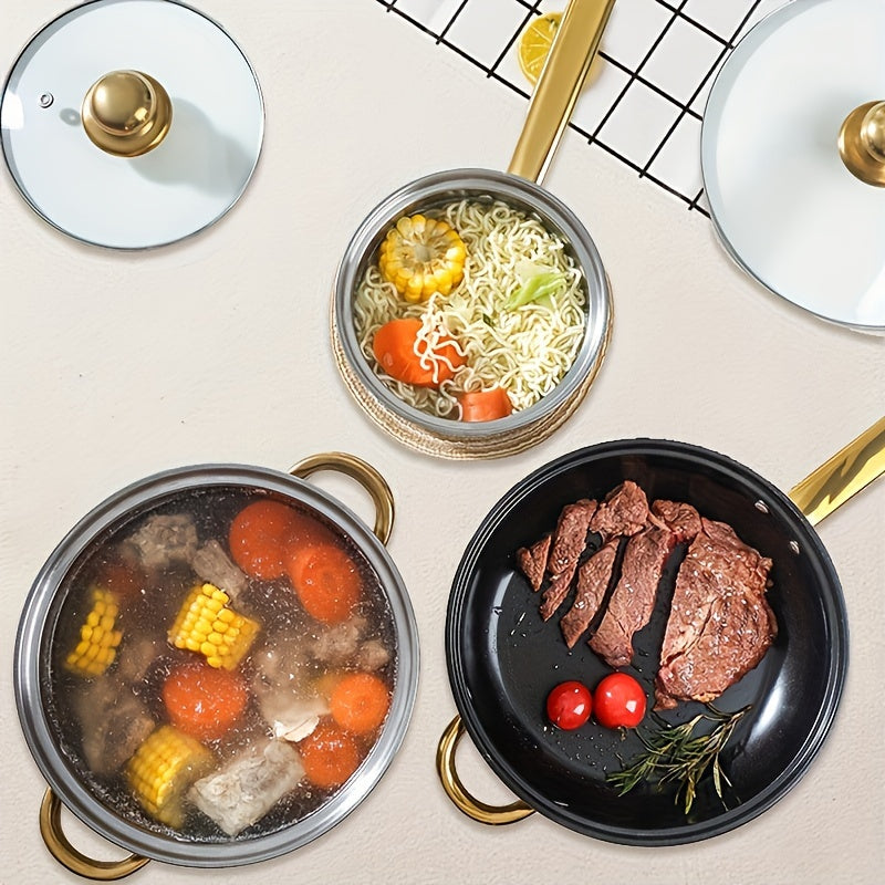 12-piece cookware set made of stainless steel with handles plated in gold. Features a non-stick coating, ideal for frying, steaming, and boiling.