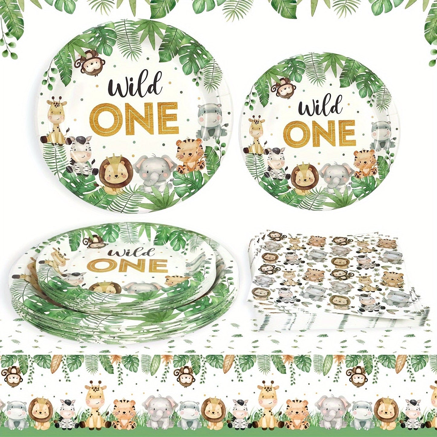 Celebrate with 68 pieces of Wild One birthday decorations! This Jungle theme party set includes paper plates, cups, and napkins, perfect for a 1st birthday celebration. Add some fun animal jungle decorations to your party table with this dinnerware set.