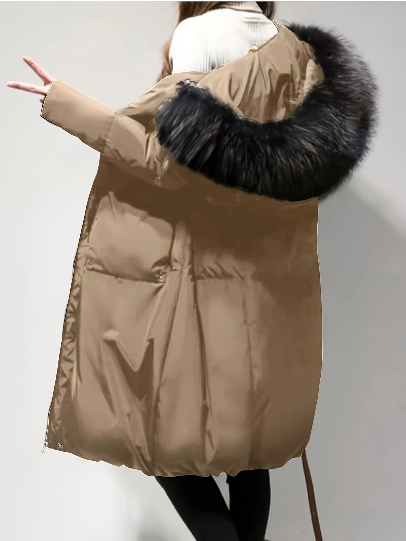 Winter fashion long coat with hood, made of 100% polyester, solid color, warm outerwear with faux fur trim, zip-up closure.