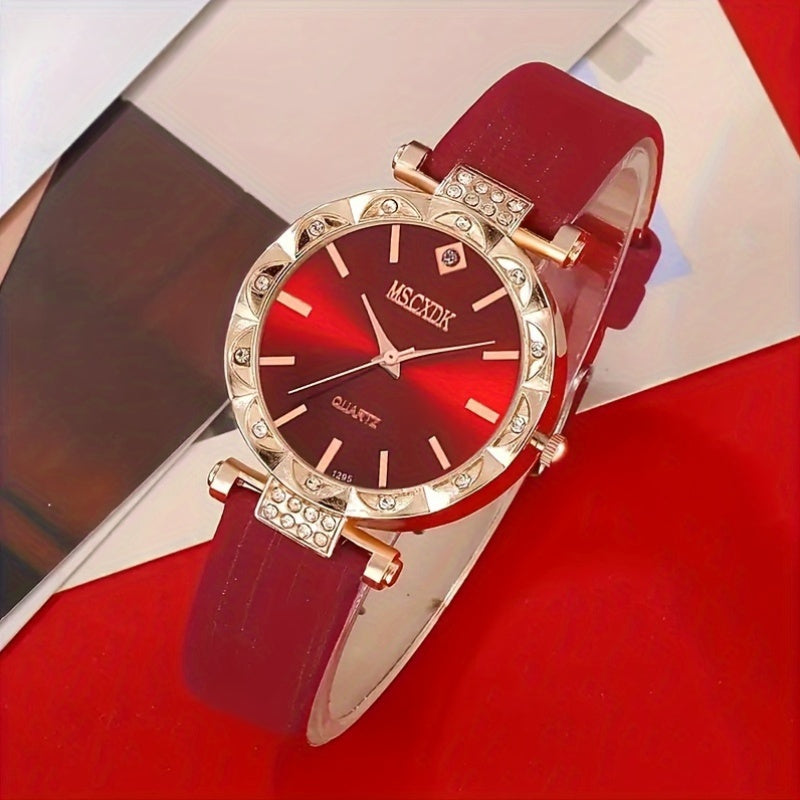 5-Piece Ladies Quartz Watch Set with Heart Jewelry - Red Dial, PU Leather Band, Zinc Alloy Case, Non-Analog Watches with Matching Necklace, Ring, and Earrings