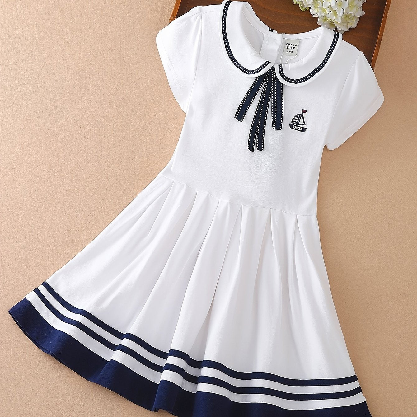 96% Cotton Girls Short Sleeve Dress with Collar Preppy Style for Summer Party Gift