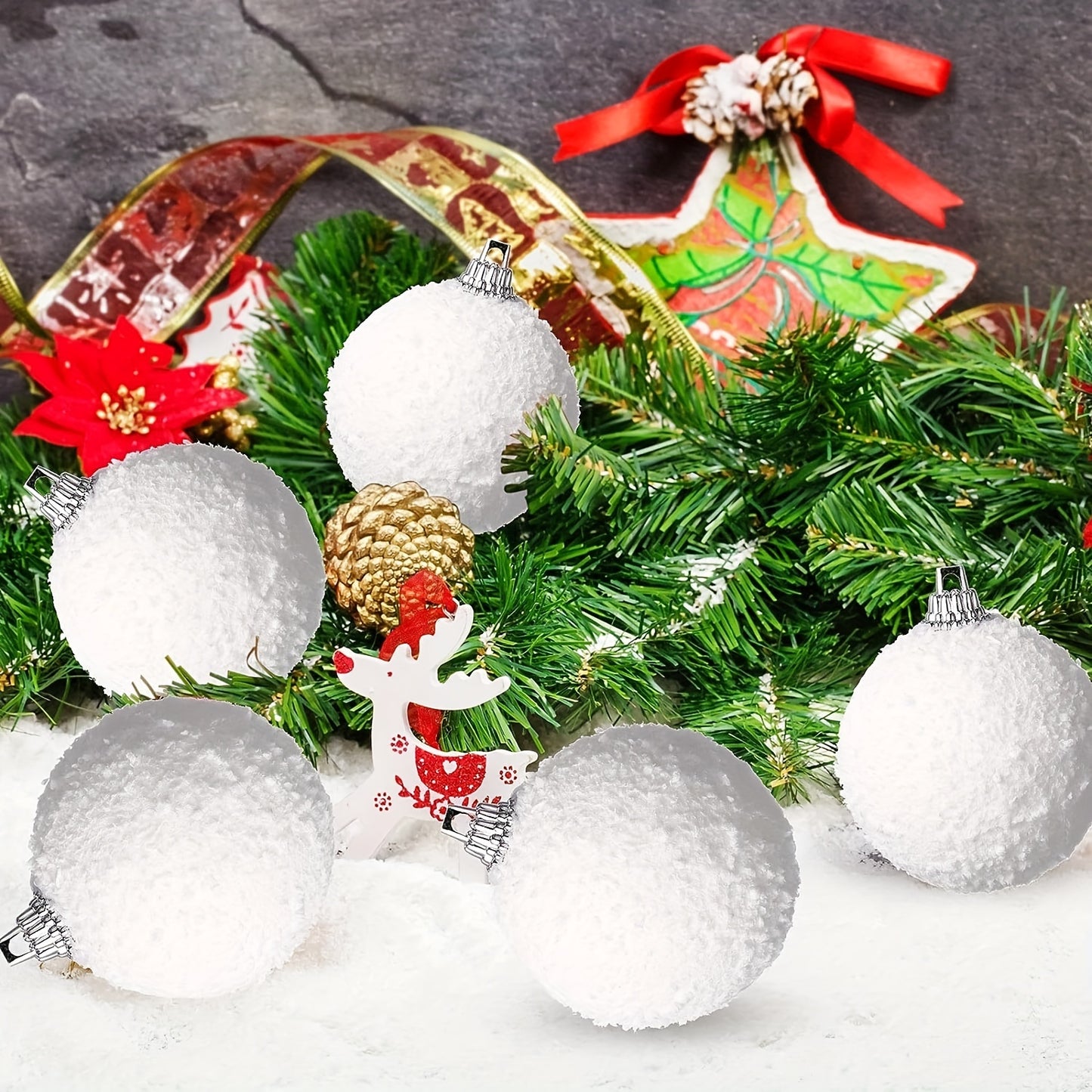 24 classic Christmas snowball ornaments, 3.99cm foam balls for tree decoration - no electricity required, ideal for festive home and party decor.