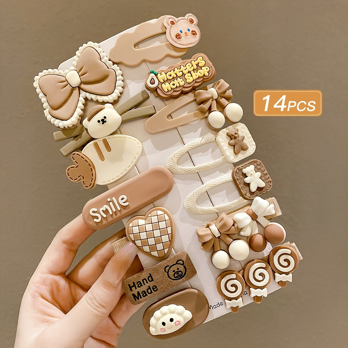 Set of 14 cute cartoon hair clips for women with milk coffee design in mixed colors, perfect for bangs and flyaways.