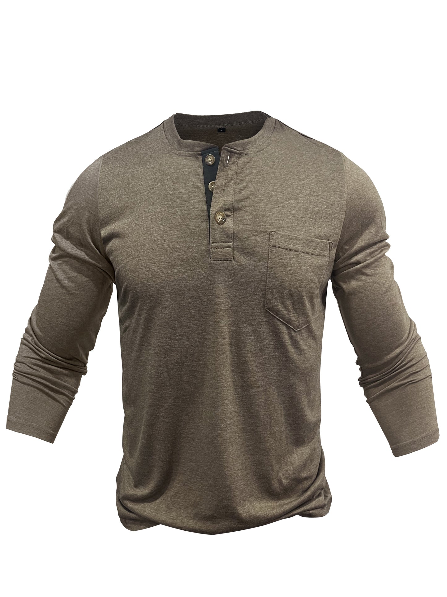 Men's olive green Henley shirt in big & tall sizes, perfect for outdoor activities. Casual, comfy, with stretch and long sleeves.