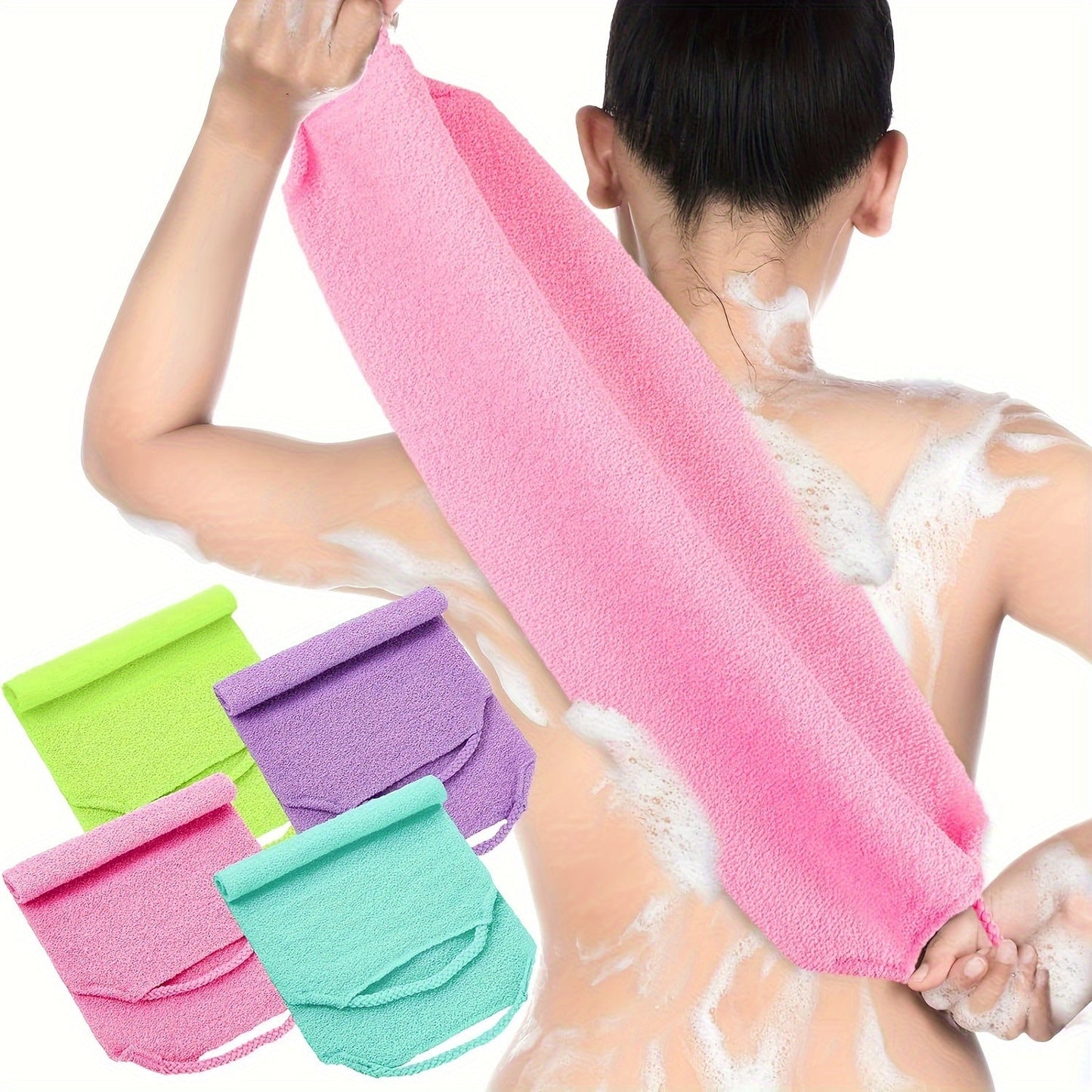 Dual-Layer Stretchable Nylon Exfoliating Back Scrubber Gloves - Quick Dry Body Washcloth with Handle for Shower, Skin Cleansing & Massage