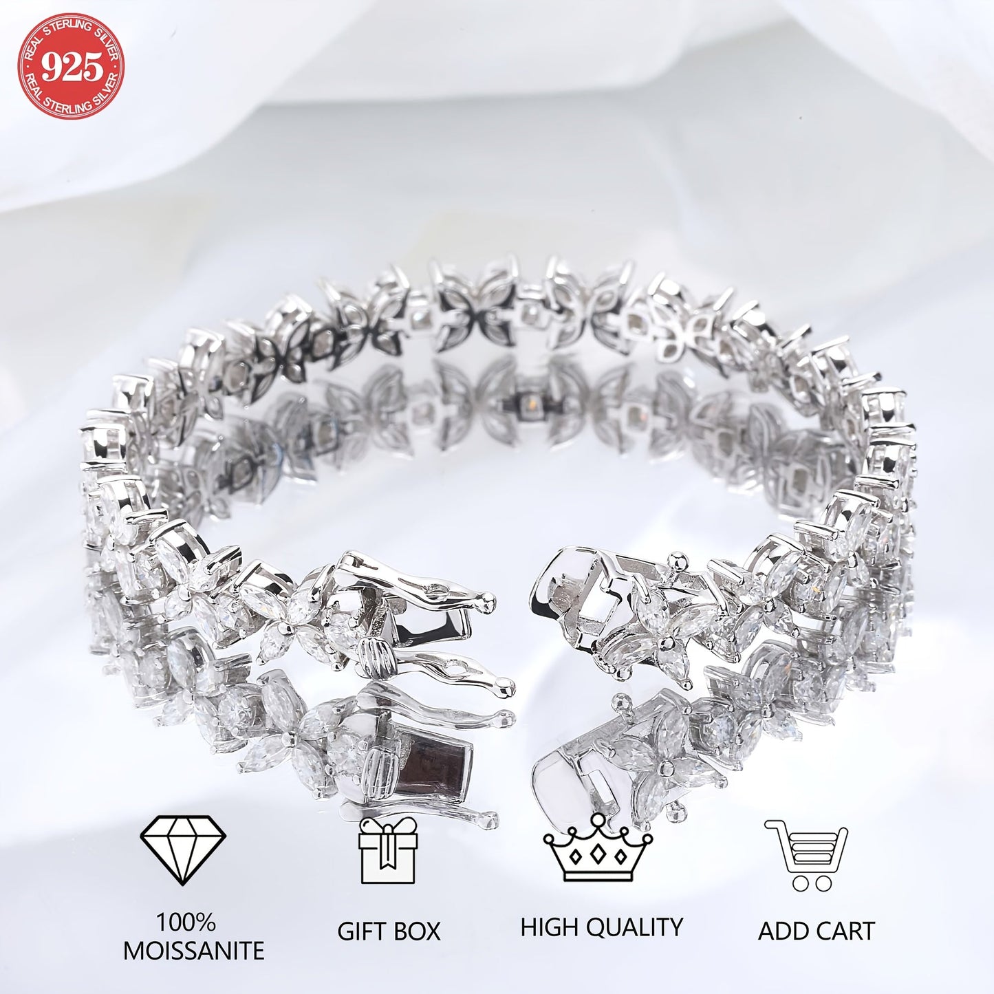 The Oneida Elegant Butterfly Bracelet features stunning 2MM synthetic Moissanite stones set in 925 silver. This bracelet is the perfect gift for November birthdays, plated with platinum for a luxurious finish. Ideal for any occasion, this bracelet comes