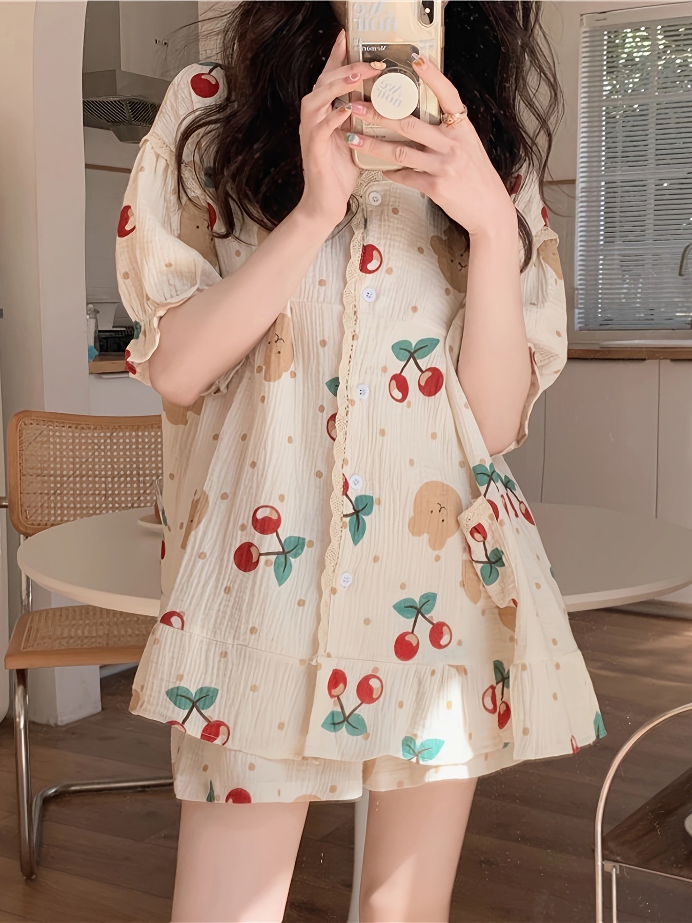 Cherry and Bear and Dot Print Lace Trim Pajama Set with Puff Sleeve Top and Elastic Shorts for Women.