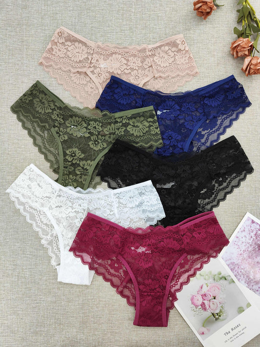 6 Women's Lace Floral Low-Rise Bikini Panties - Nylon Blend, Semi-Sheer, Cute & Comfortable