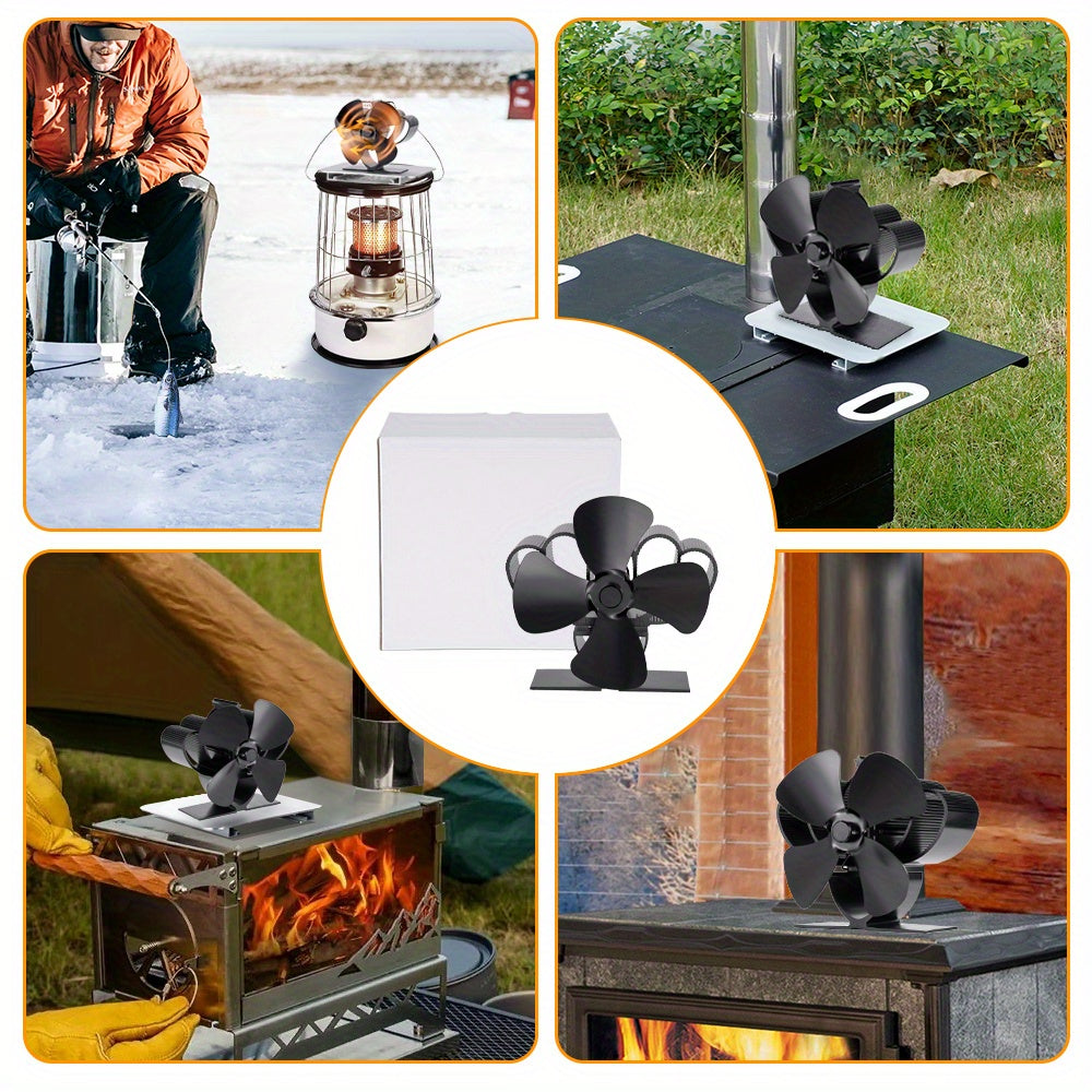 The EcoPulse Heat-Powered Mini Stove Fan is a 4-blade log wood burner exhaust fan made of metal. It is portable and designed for efficient heat distribution without the need for electricity. This fan operates quietly and helps circulate air effectively.