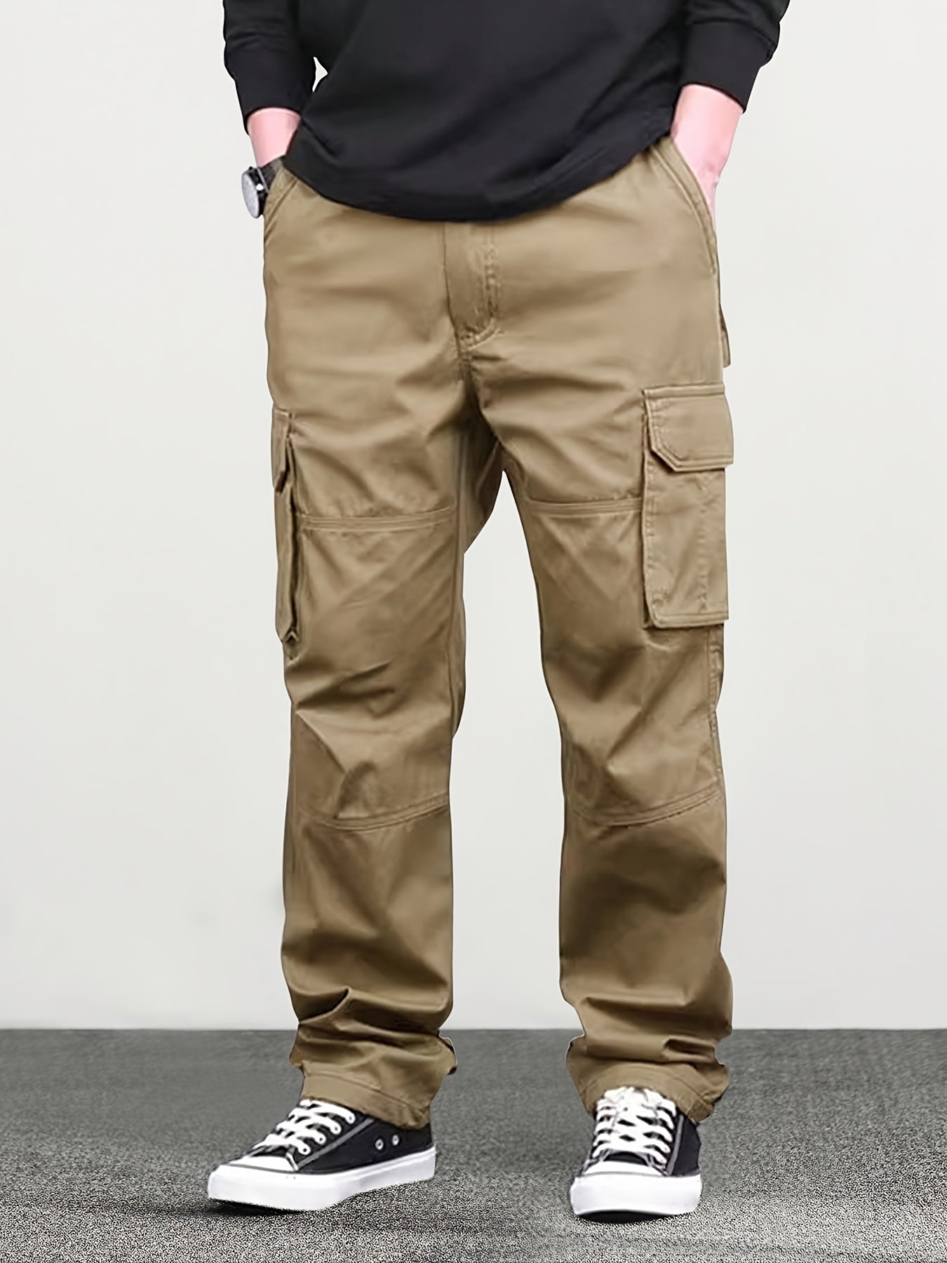 Men's classic solid color cargo pants with multiple pockets, loose fit, and drawstring waist. Perfect for outdoor activities, fishing, and streetwear.