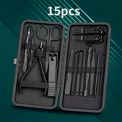 Nail clippers and grooming tools set with 8/15/24pcs, including portable travel case, clippers, scissors, foot nail trimming kit, and travel grooming tools.