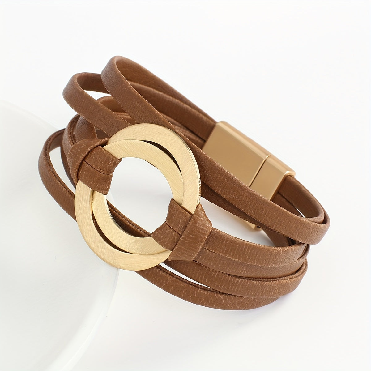 Artificial leather bracelet for women with double circle charm and magnet buckle clasp - a stylish wide bangle bracelet that makes a great gift.