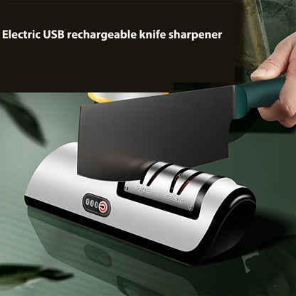 The Multifunctional Kitchen Gadget is a USB Rechargeable Electric Knife Sharpener that features 2 speeds and a built-in lithium battery. This gadget includes an automatic sharpening stone for quick blade edge restoration. Made of durable plastic