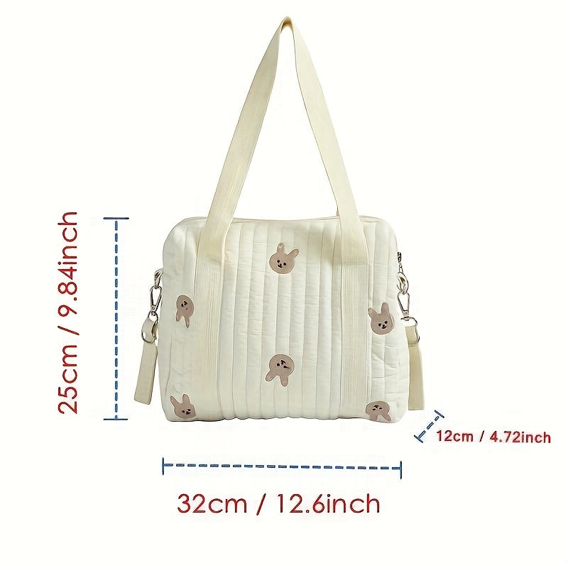 Baby Diaper Bag with Embroidered Beige Cotton Fabric, Spacious Zipper Closure, Ideal for Traveling Parents - Large Stroller Organizer, Multi-Functional Tote Bag for Baby Boys and Girls