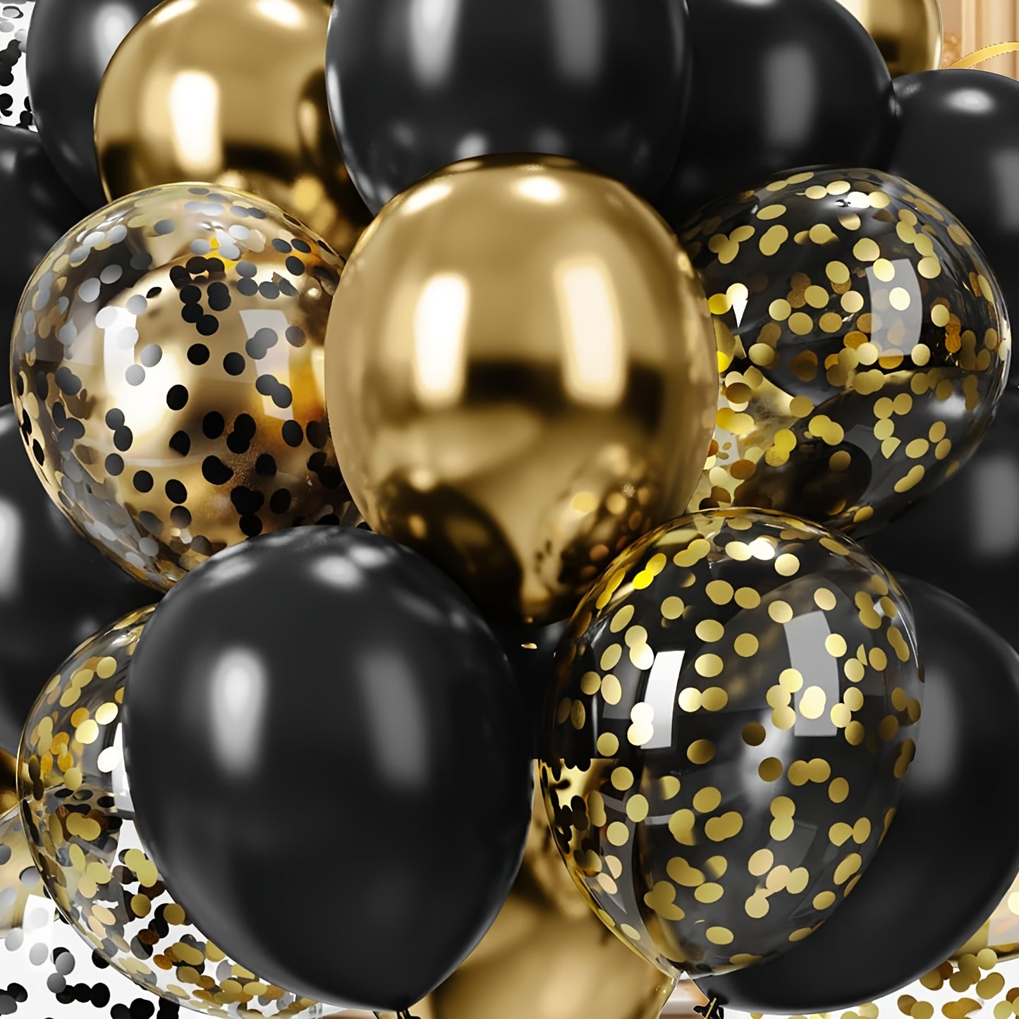 52 Black Golden Confetti Latex Balloons for various celebrations.