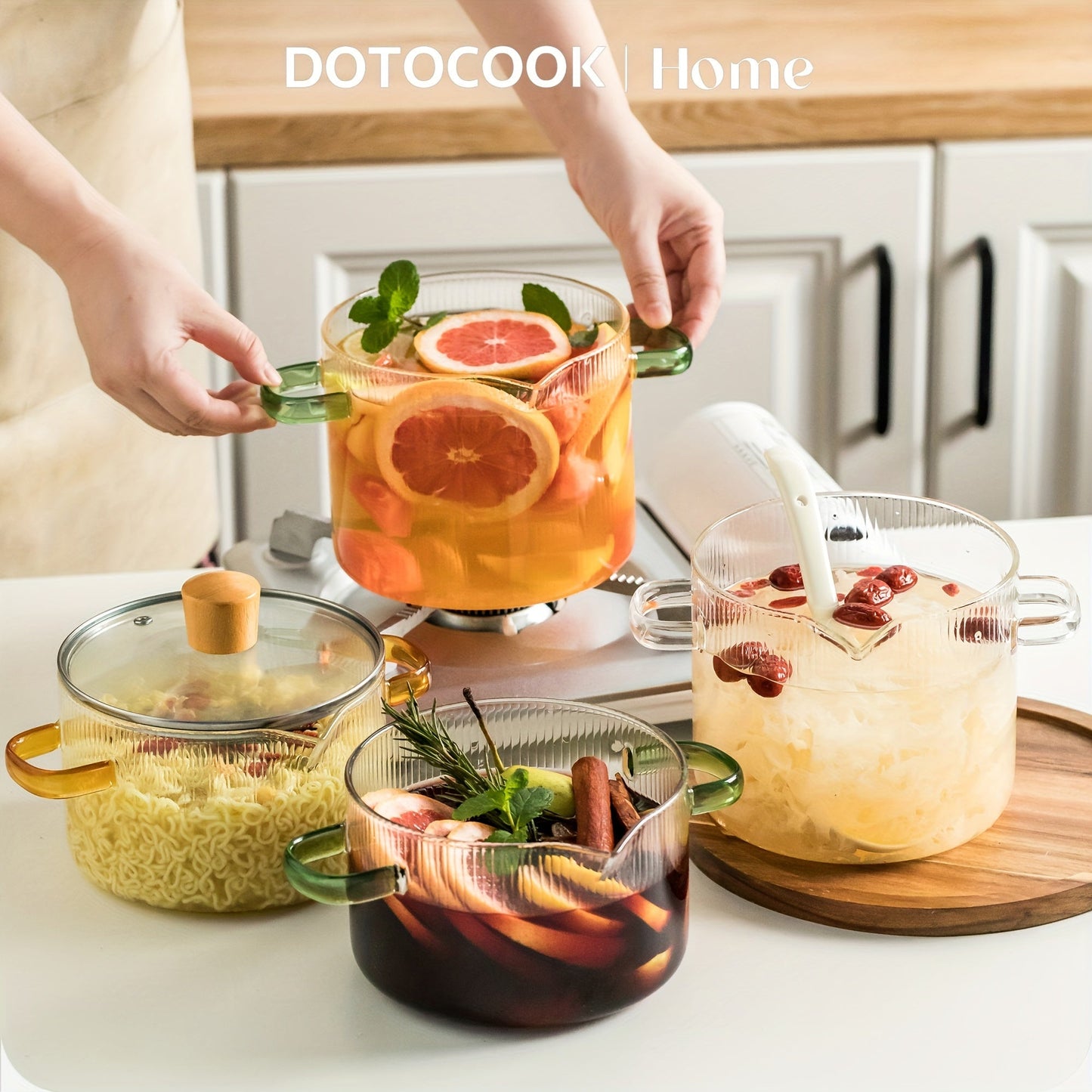 Набор из 2-х кастрюль DOTOCOOK из стекла с крышками, жаропрочные кастрюли, кастрюли для томления для пасты, лапши, супа, молока - утолщенная стеклянная кухонная посуда