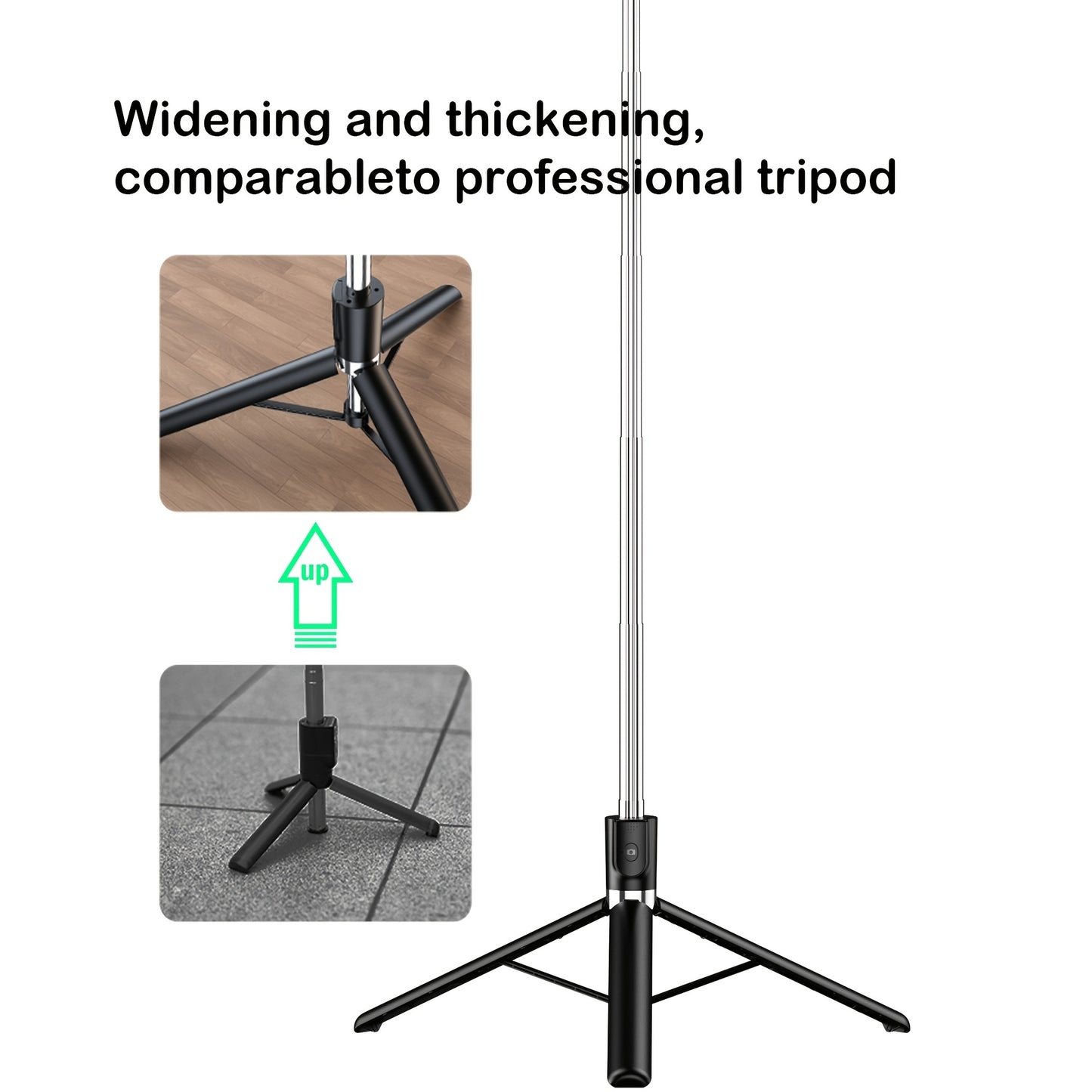 Extendable wireless selfie stick with remote, foldable phone tripod for smartphones with non-rechargeable button battery.