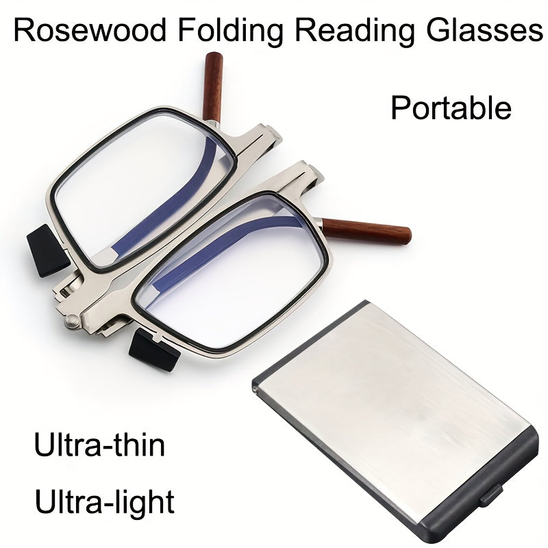 Rectangular full rim reading glasses with anti-blue light lenses, metal frame with mirror coating, and portable folding design for men and women.