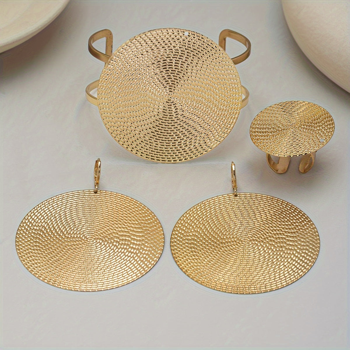 Retro-Chic 4-Piece Jewelry Set featuring Oversized Disc Earrings, Ring, and Bracelet crafted from Iron - Unplated Statement Accessories perfect for both Casual and Party Outfits