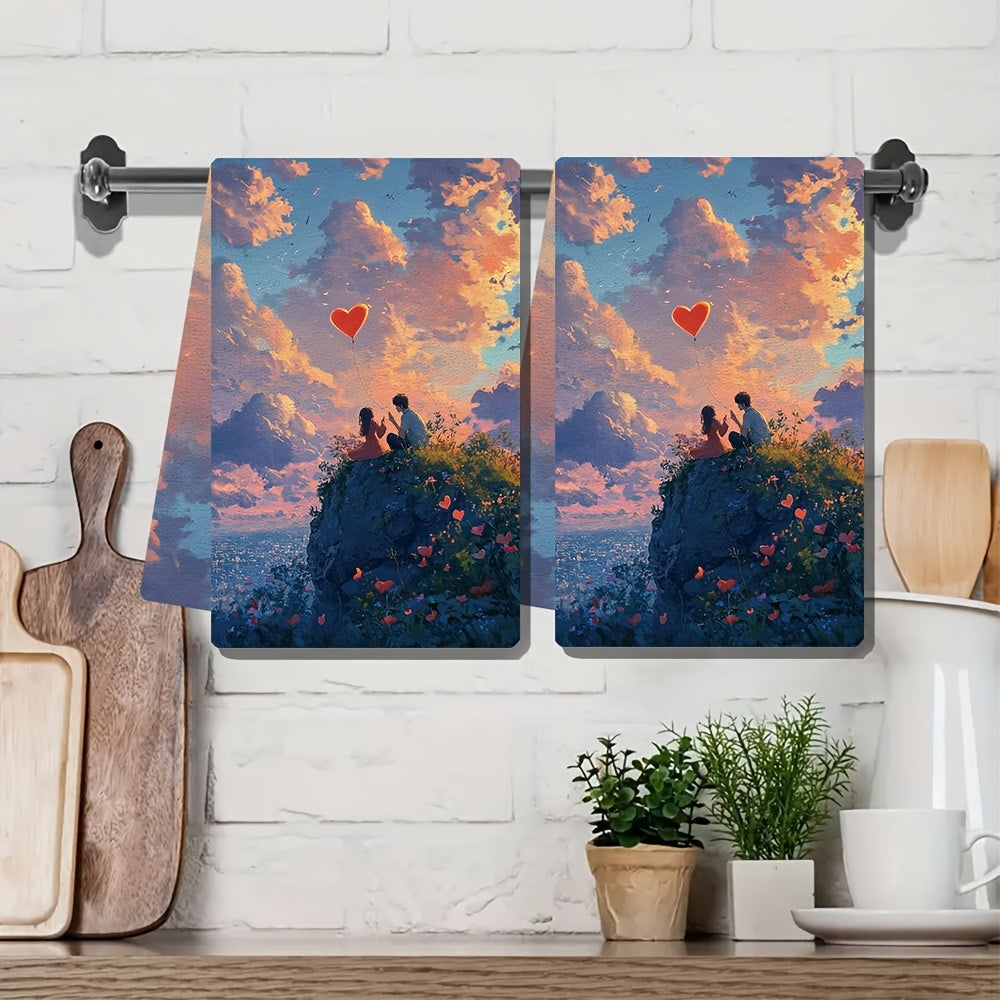 Get a pair of ultra-soft kitchen towels with a charming anime couple on a heart-shaped hilltop, flying a heart-shaped kite. These dish towels are super absorbent, great for holiday decor, easy to machine wash, and measure 40.64X60.96 cm.