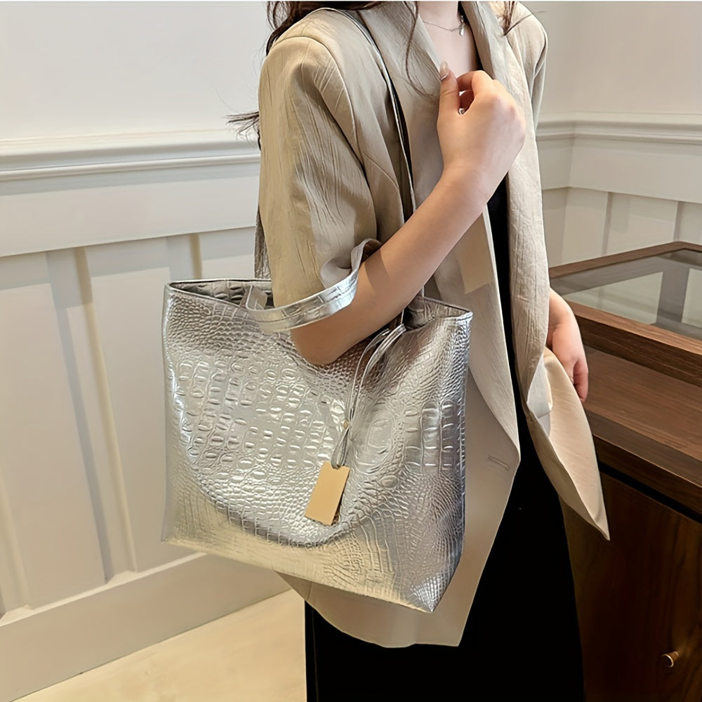 Lightweight, business casual tote with large capacity. Double handle shoulder bag made of PU material, features crocodile pattern detail, ideal for commuting and work.