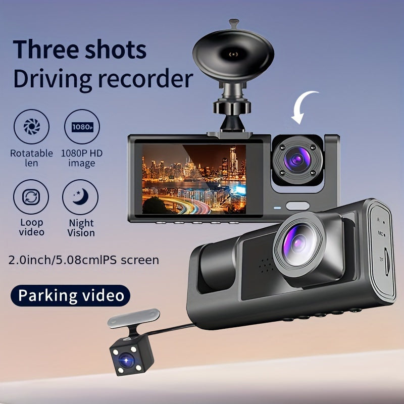 Vavupo 3-camera dash cam records front and interior in 1080P with G-sensor, night vision, and wide-angle for driving safety.