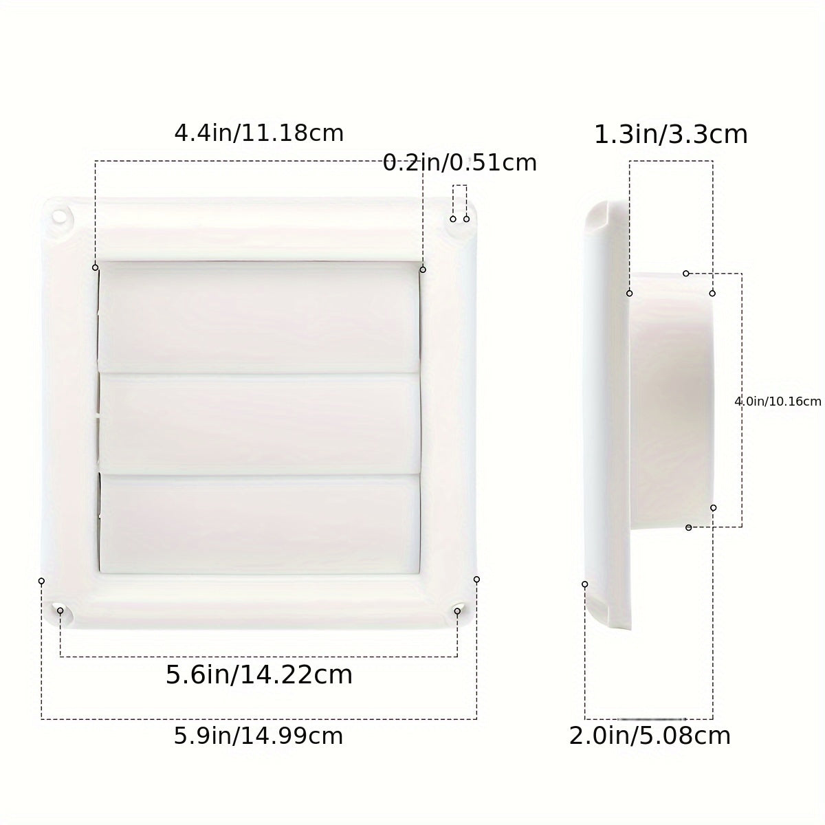 White dryer vent cover with screen for exterior wall vent hood outlet airflow, 10.16cm x 15.24cm in size. Includes 4 screws for easy installation.