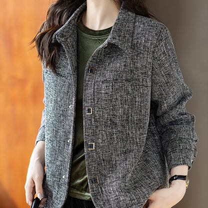 Women's Elegant Slim Fit Long Sleeve Jacket made of 100% Polyester with Asian Style Lapel Collar, Slight Stretch, and Button Detail. Ideal for Spring/Fall, available in Plus Size.