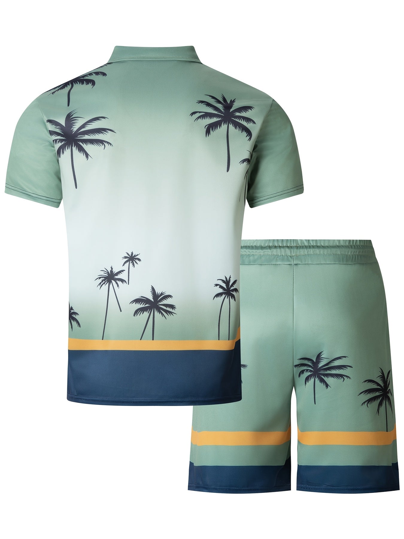 Men's casual palm tree print shirt and shorts set made of summer knit polyester with zipper detailing and turn-down collar - perfect for beachwear.