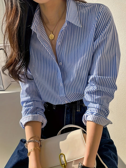 Striped Button Front Shirt, Women's Long Sleeve Shirt for Spring & Fall