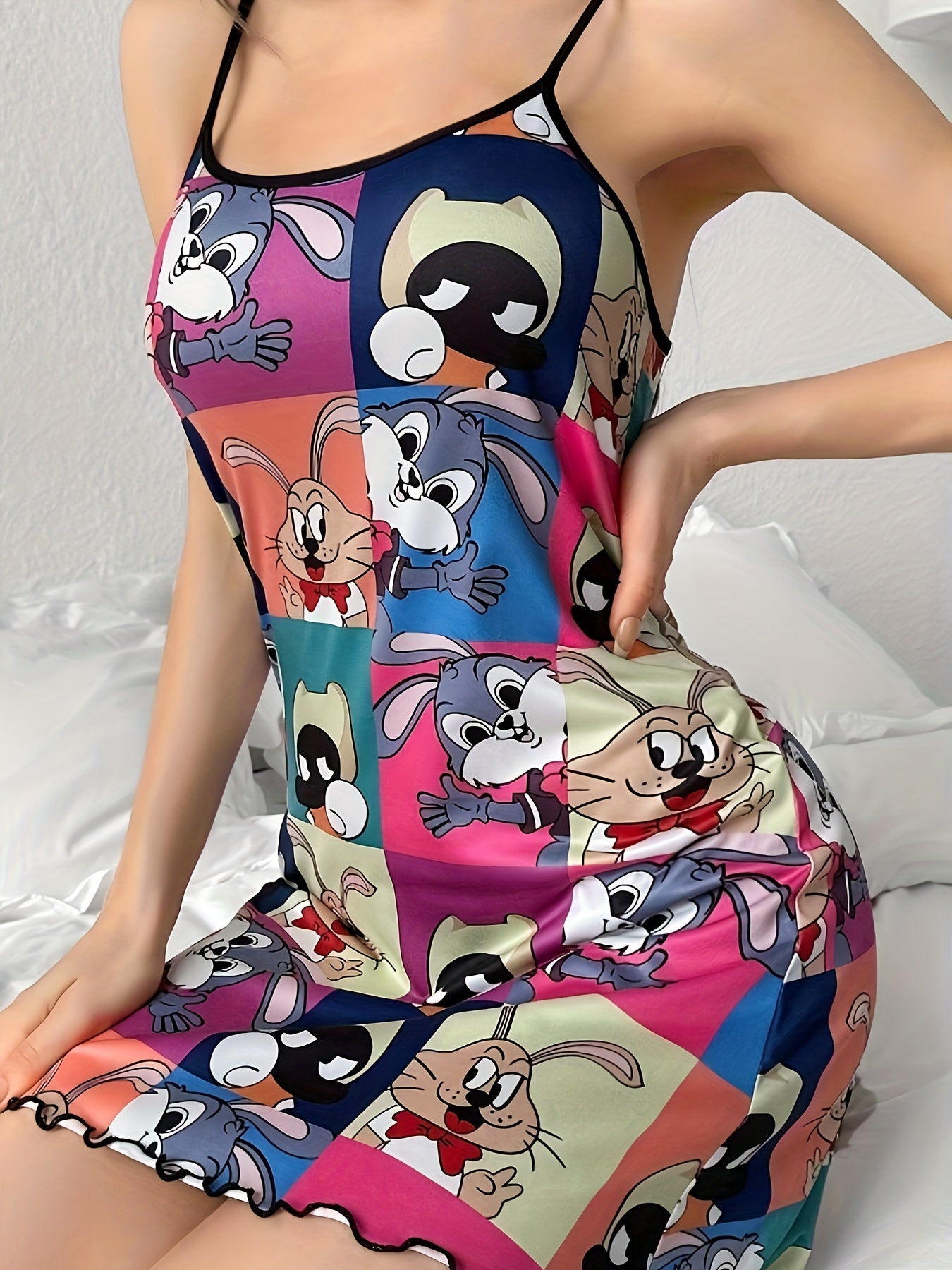 Cartoon print backless nightgown for women's sleepwear.