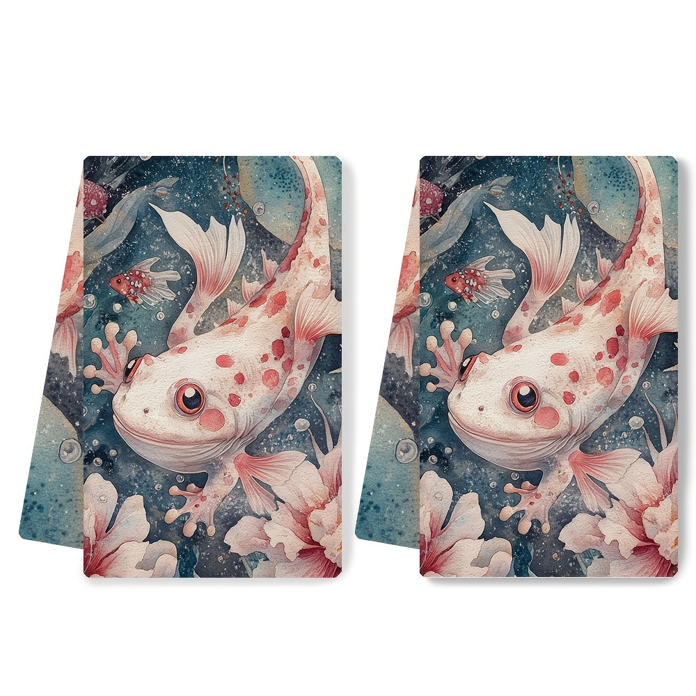 Set of 2 Ultra Soft Kitchen Towels featuring Charming Axolotl & Floral Design - Exceptionally Absorbent, Easy to Clean Dish Hand Towels, 40.64x60.96 cm - Ideal for Enhancing your Holiday Decor, Dishwashing Needs